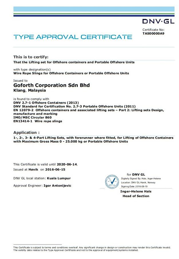 Our Certificates Goforth Wire Rope Slings, Shackles, Crosby, Spreader